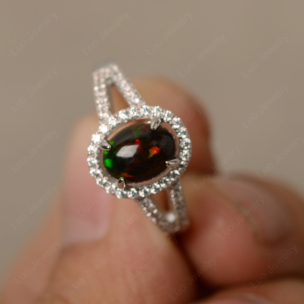 Black Opal Promise Ring Split Shank Halo Ring - LUO Jewelry