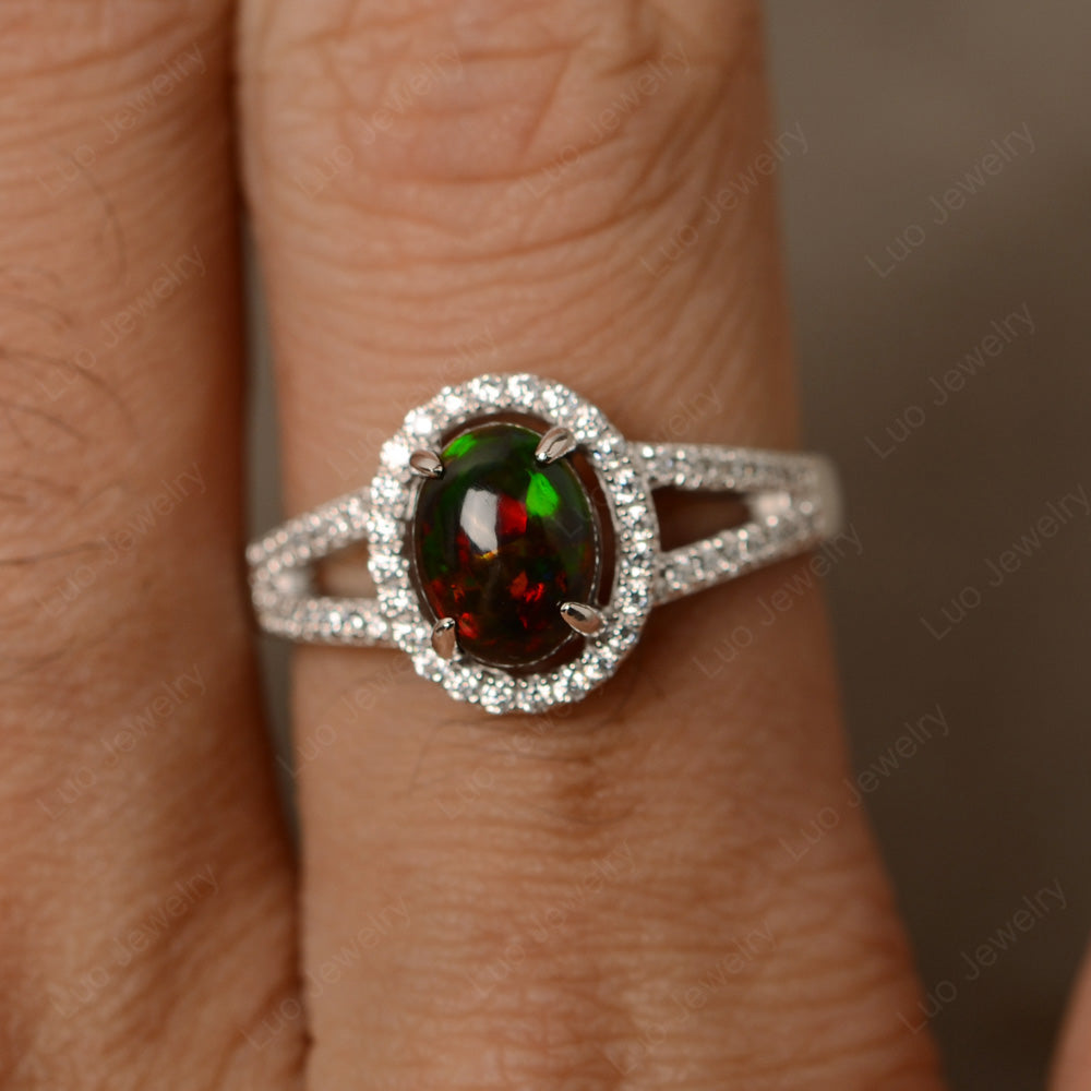 Black Opal Promise Ring Split Shank Halo Ring - LUO Jewelry