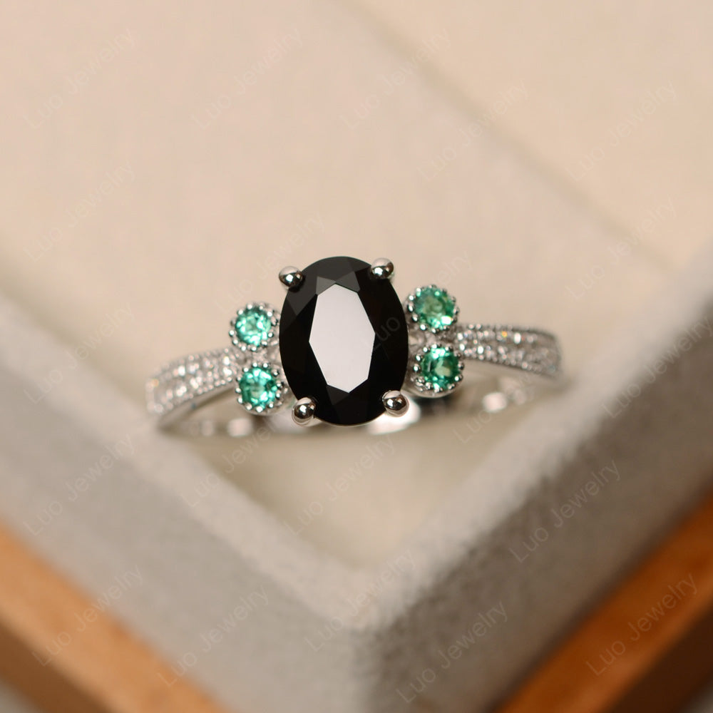 Oval Cut Black Spinel Art Deco Engagement Ring - LUO Jewelry