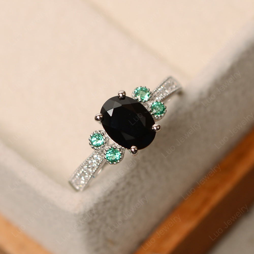 Oval Cut Black Spinel Art Deco Engagement Ring - LUO Jewelry