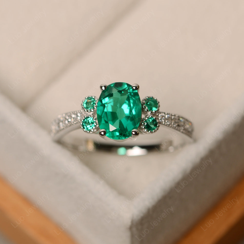 Oval Cut Lab Emerald Art Deco Engagement Ring - LUO Jewelry