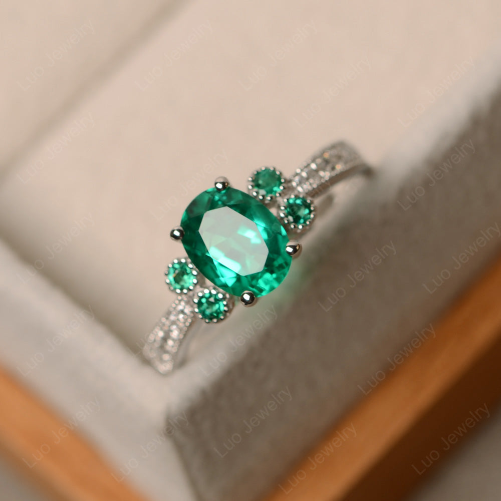 Oval Cut Lab Emerald Art Deco Engagement Ring - LUO Jewelry