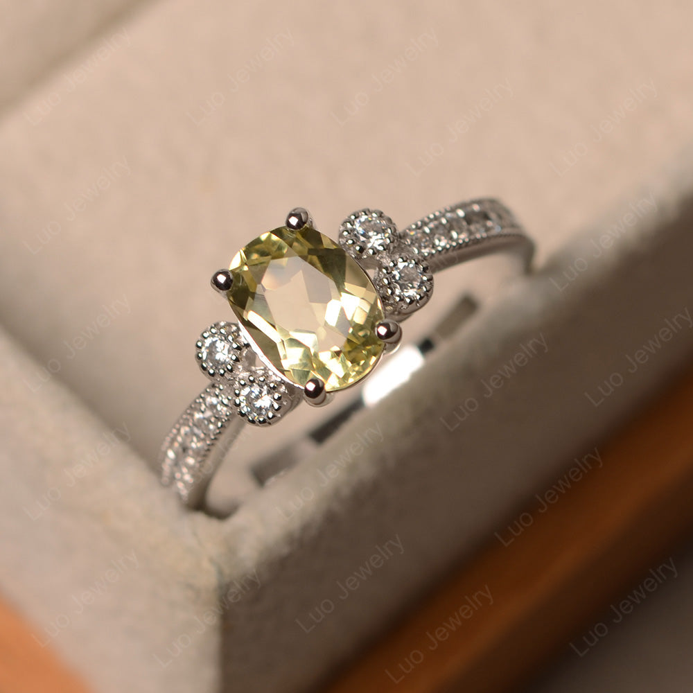 Oval Cut Lemon Quartz Art Deco Engagement Ring - LUO Jewelry