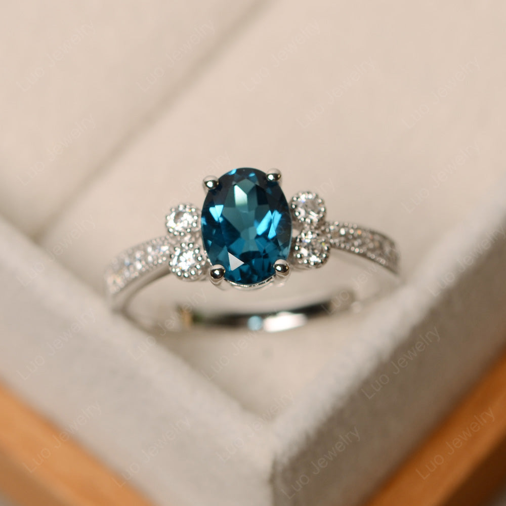 Oval Cut London Blue Topaz Art Deco Engagement Ring - LUO Jewelry