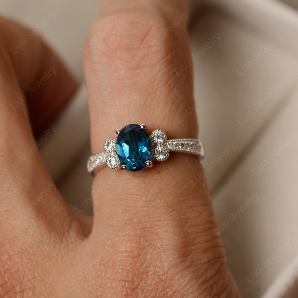 Oval Cut London Blue Topaz Art Deco Engagement Ring - LUO Jewelry
