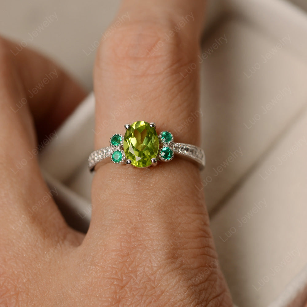 Oval Cut Peridot Art Deco Engagement Ring - LUO Jewelry