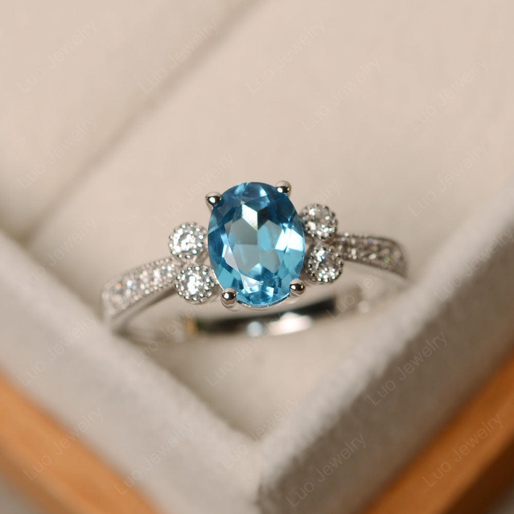 Oval Cut Swiss Blue Topaz Art Deco Engagement Ring - LUO Jewelry