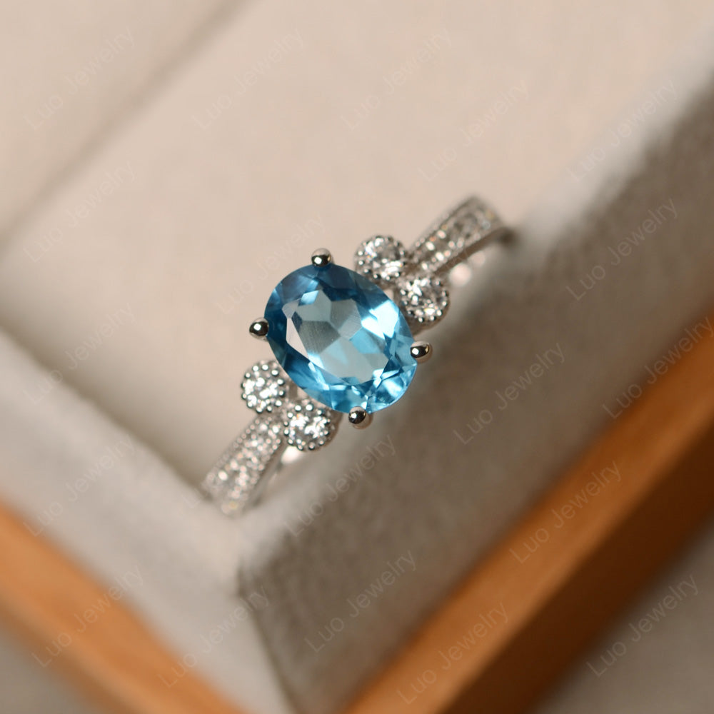 Oval Cut Swiss Blue Topaz Art Deco Engagement Ring - LUO Jewelry