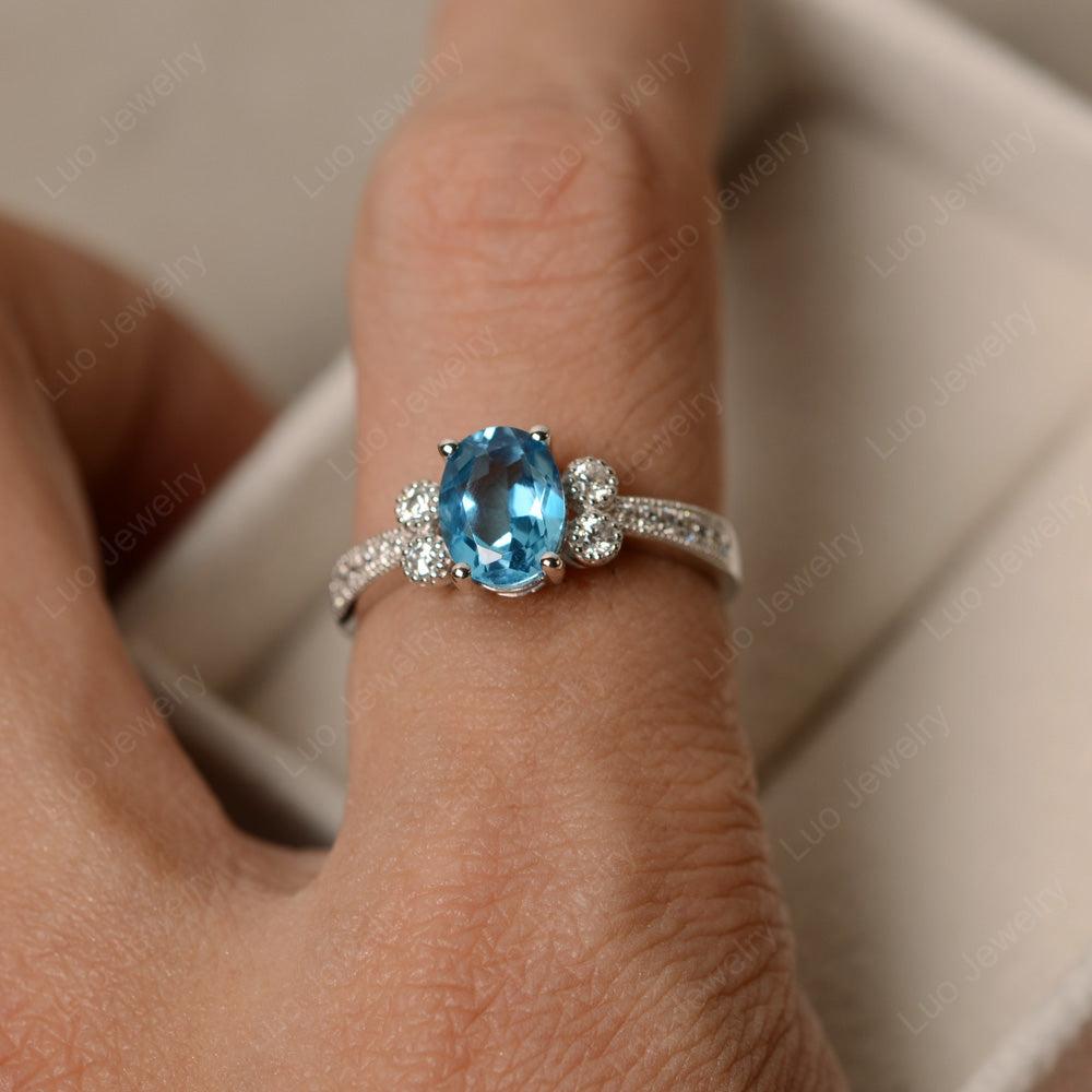Oval Cut Swiss Blue Topaz Art Deco Engagement Ring - LUO Jewelry