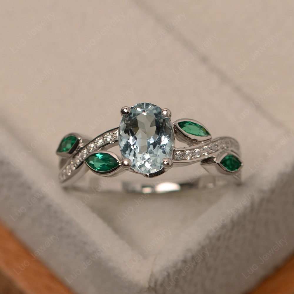 Oval Cut Aquamarine Art Deco Wedding Ring - LUO Jewelry