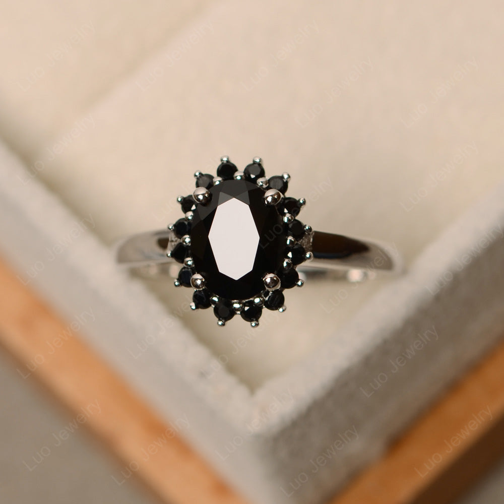 Oval Shape Black Spinel Halo Engagement Ring - LUO Jewelry