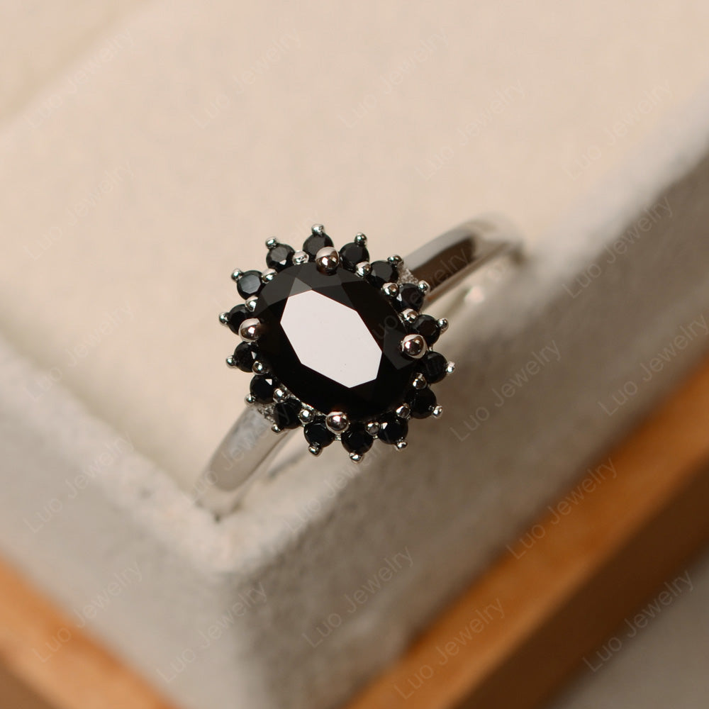 Oval Shape Black Spinel Halo Engagement Ring - LUO Jewelry