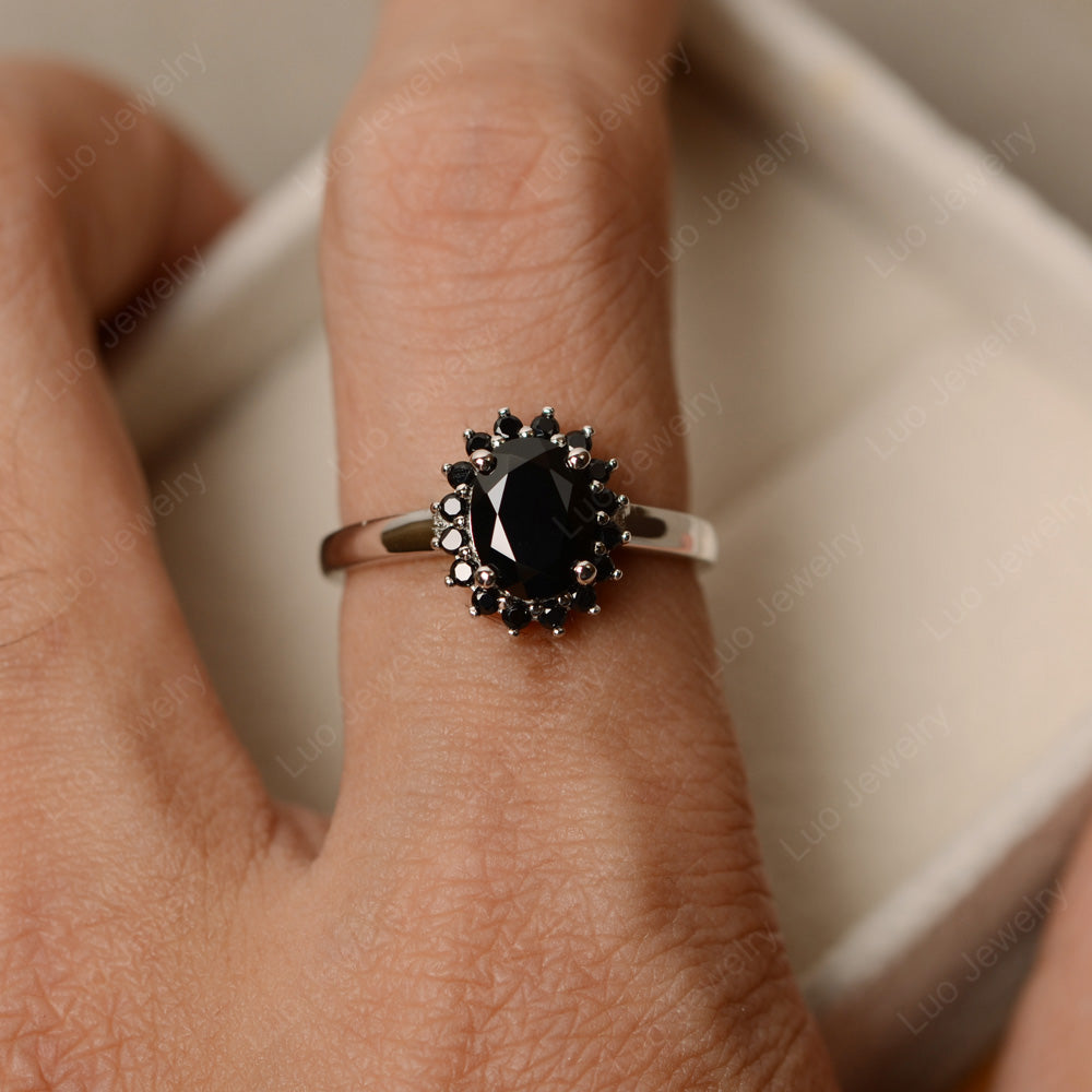 Oval Shape Black Spinel Halo Engagement Ring - LUO Jewelry