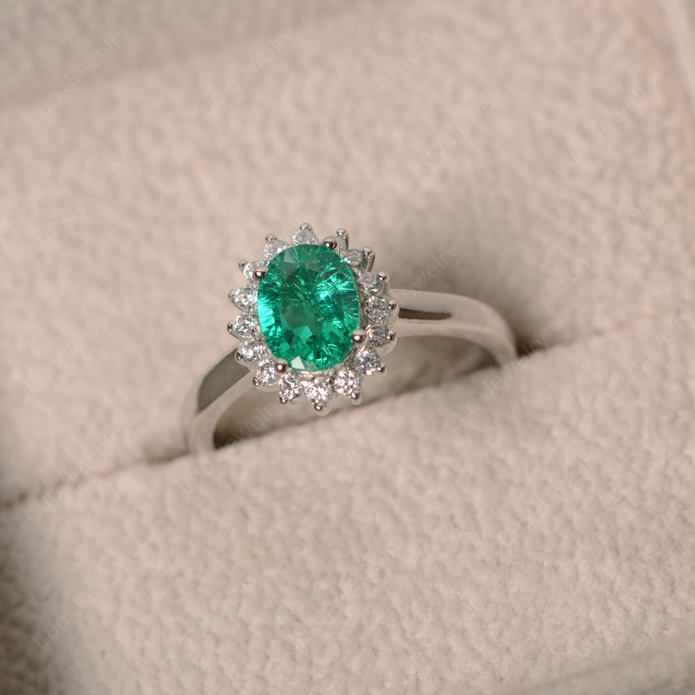 Oval Shape Lab Emerald Halo Engagement Ring - LUO Jewelry