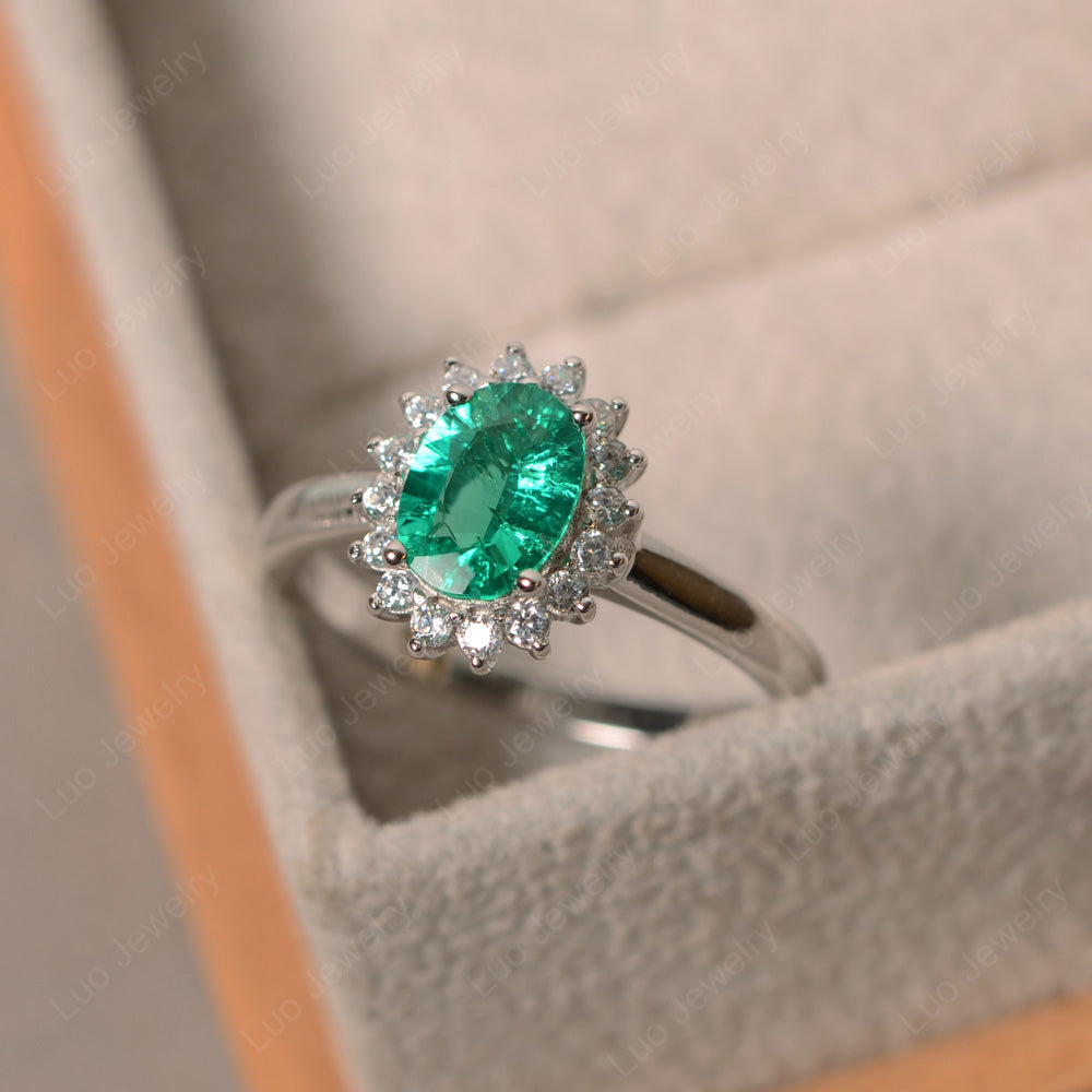 Oval Shape Lab Emerald Halo Engagement Ring - LUO Jewelry