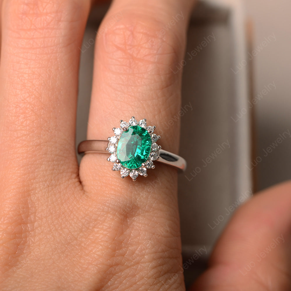 Oval Shape Lab Emerald Halo Engagement Ring - LUO Jewelry