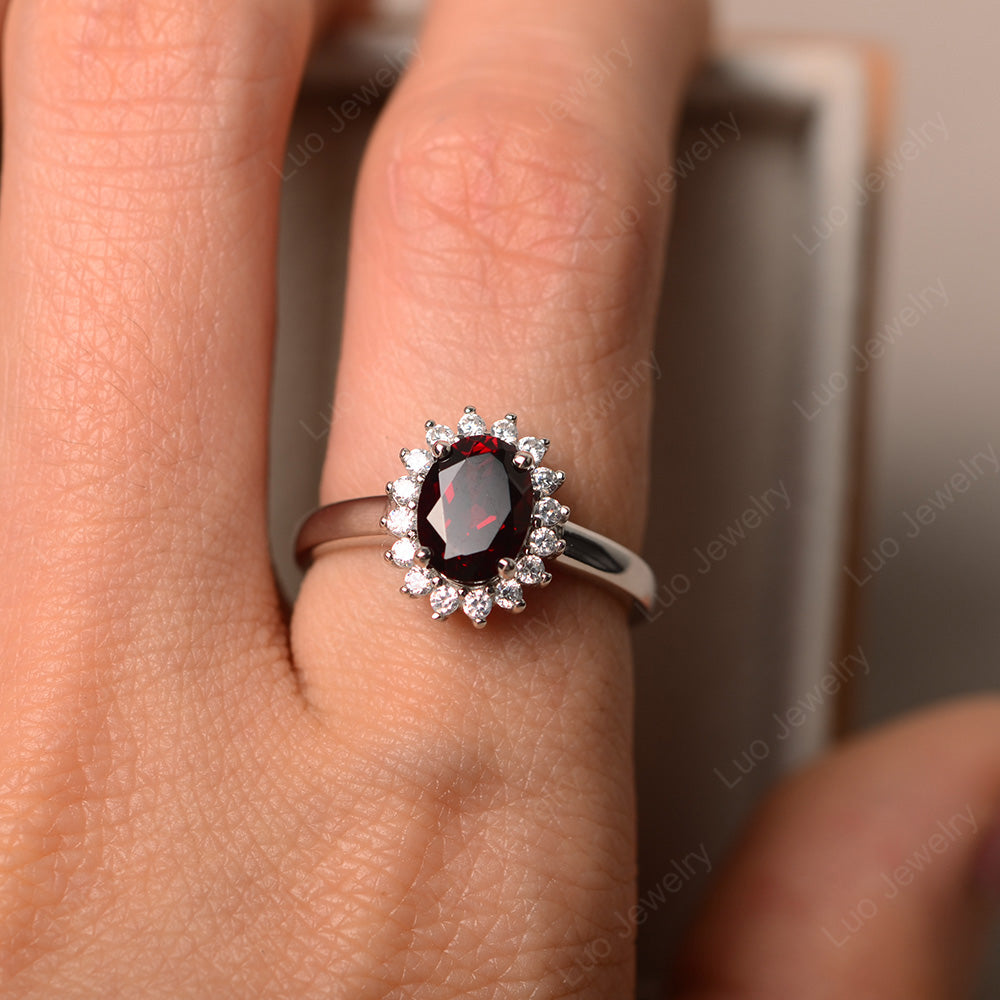 Oval Shape Garnet Halo Engagement Ring - LUO Jewelry