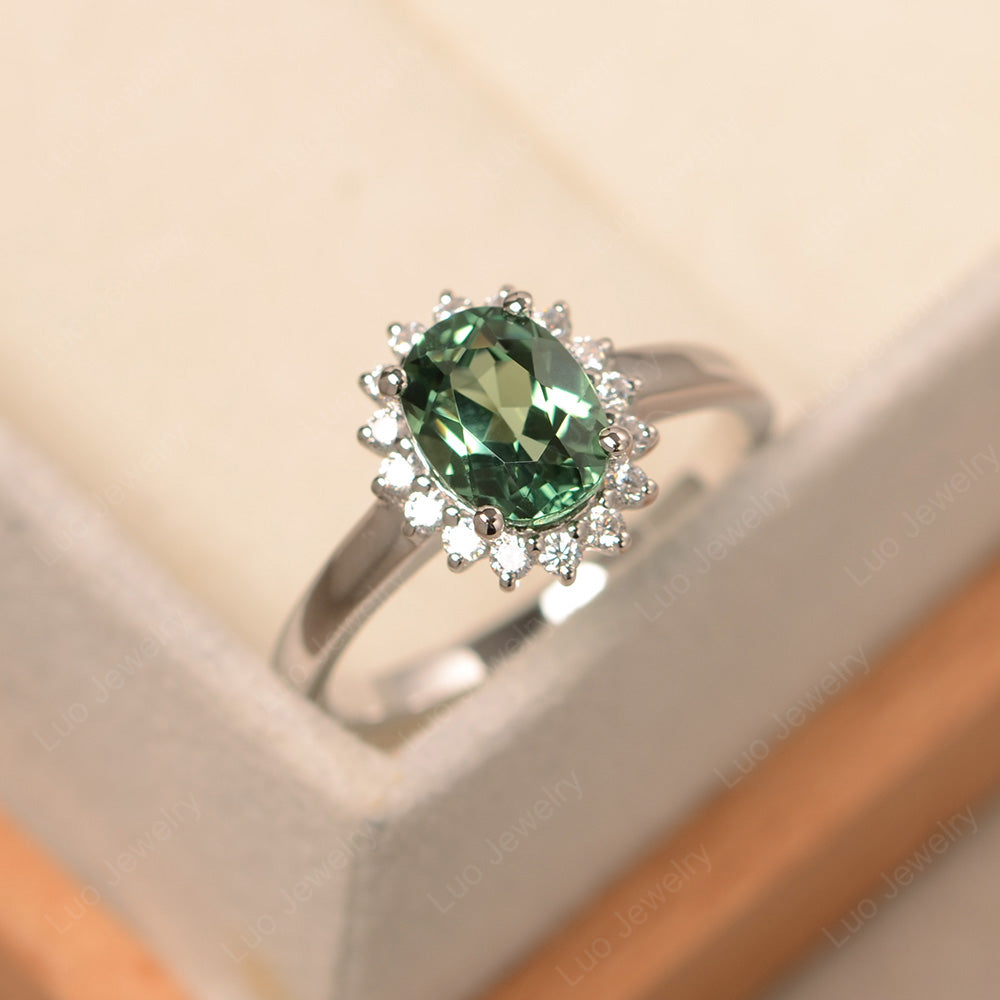 Oval Shape Green Sapphire Halo Engagement Ring - LUO Jewelry