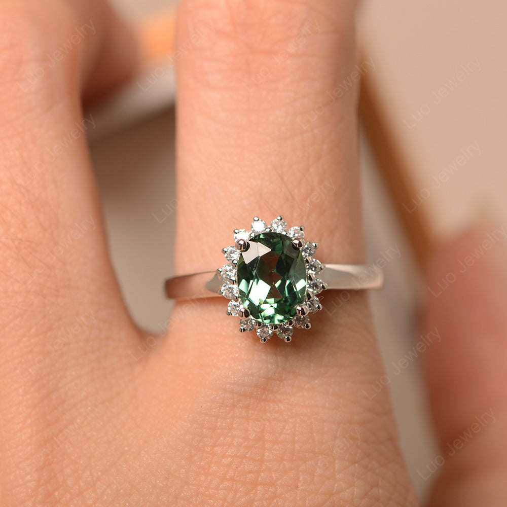 Oval Shape Green Sapphire Halo Engagement Ring - LUO Jewelry