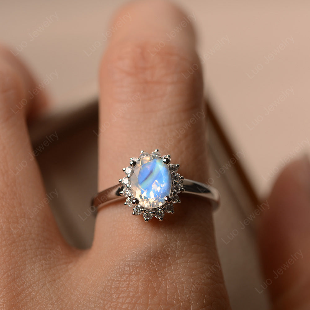 Oval Shape Moonstone Halo Engagement Ring - LUO Jewelry