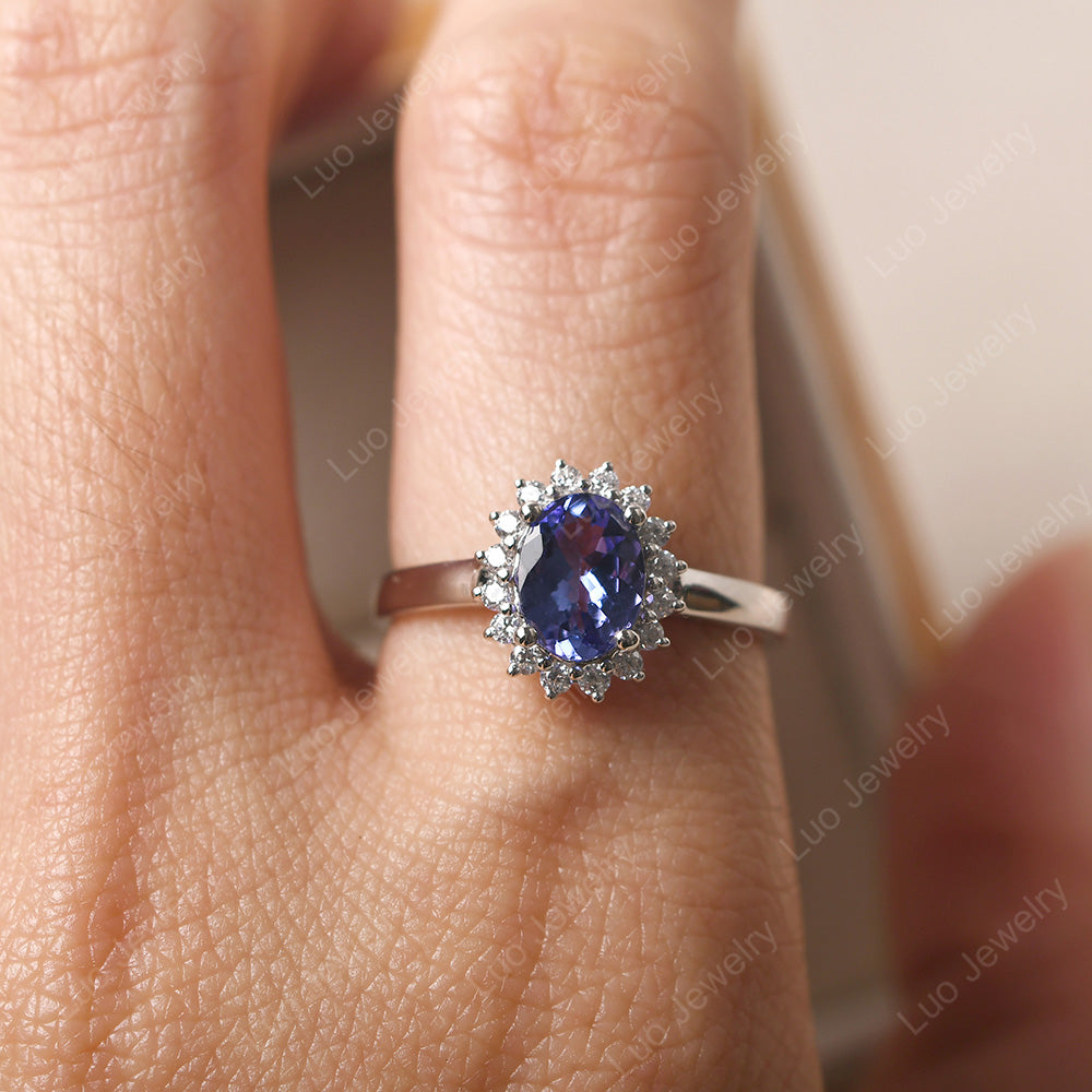Oval Shape Tanzanite Halo Engagement Ring - LUO Jewelry