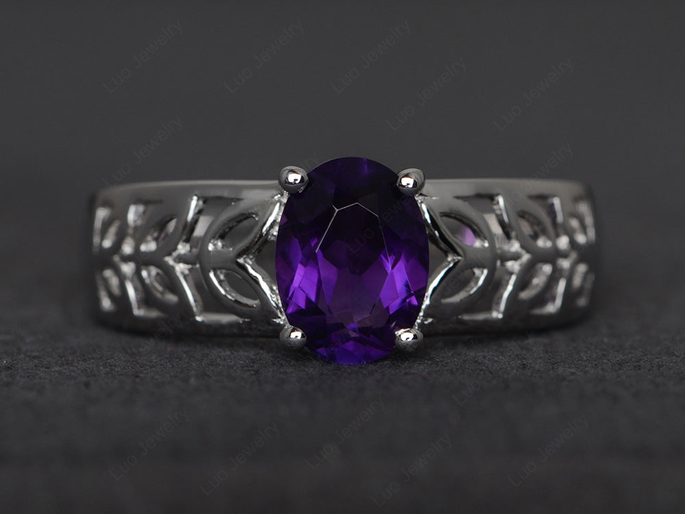Amethyst Engagement Ring Wide Band Silver - LUO Jewelry