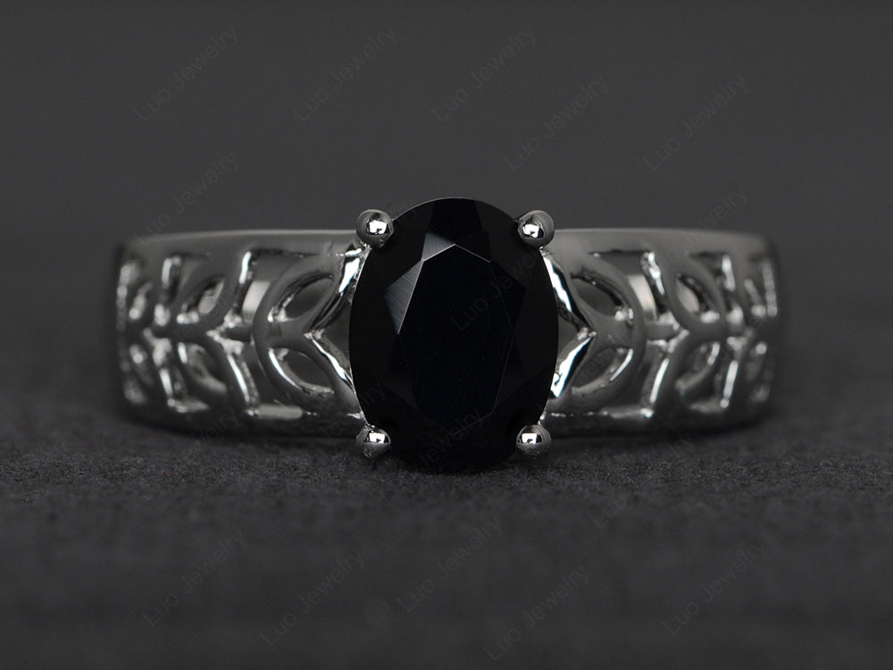 Black Stone Engagement Ring Wide Band Silver - LUO Jewelry