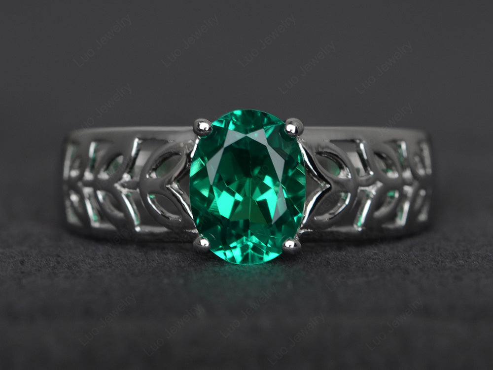 Lab Emerald Engagement Ring Wide Band Silver - LUO Jewelry