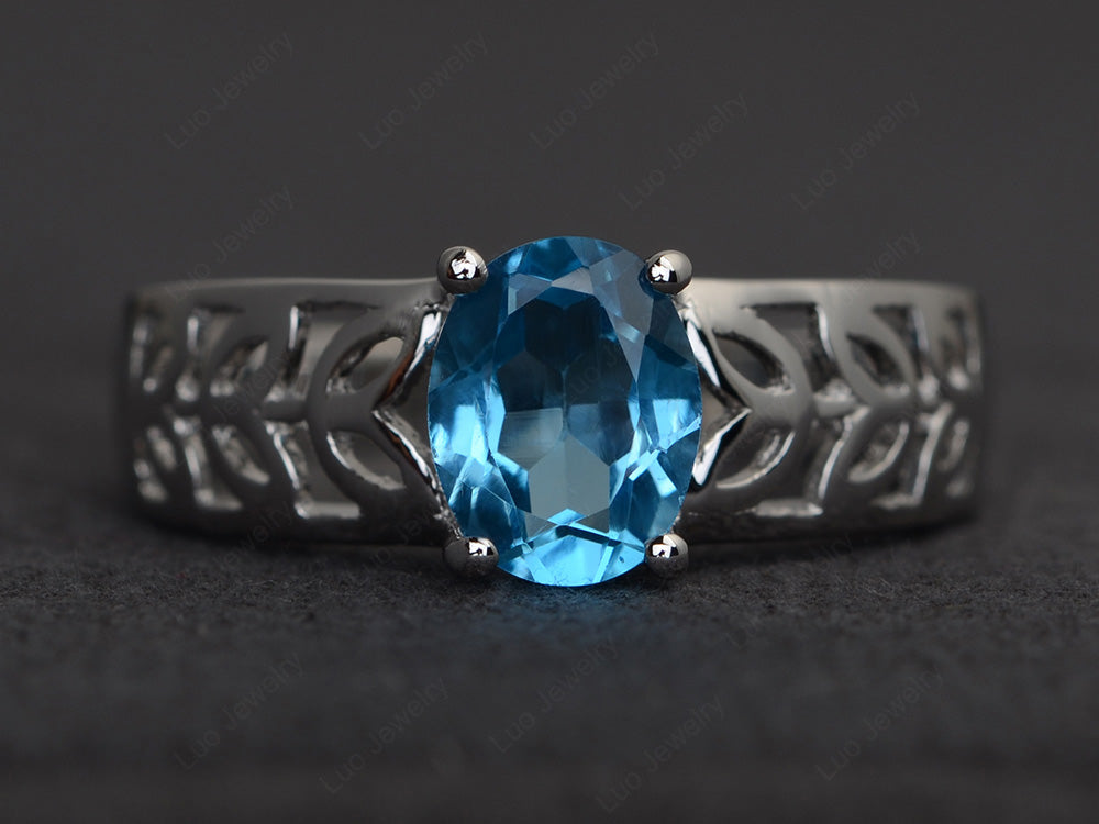 Swiss Blue Topaz Engagement Ring Wide Band Silver - LUO Jewelry
