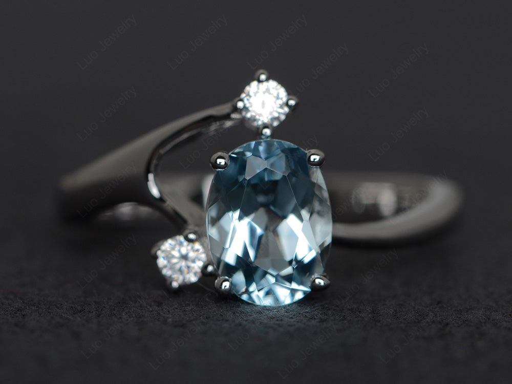 Oval Cut Aquamarine Asymmetric Ring White Gold - LUO Jewelry