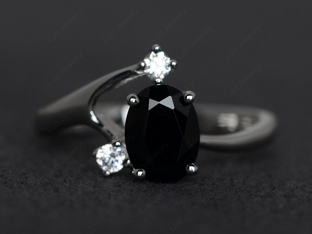 Oval Cut Black Stone Asymmetric Ring White Gold - LUO Jewelry