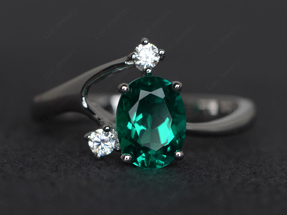 Oval Cut Lab Emerald Asymmetric Ring White Gold - LUO Jewelry