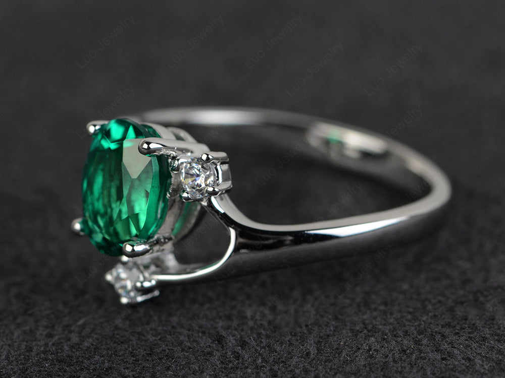 Oval Cut Lab Emerald Asymmetric Ring White Gold - LUO Jewelry