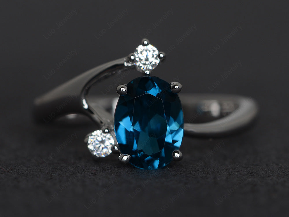 Oval Cut London Blue Topaz Asymmetric Ring White Gold - LUO Jewelry