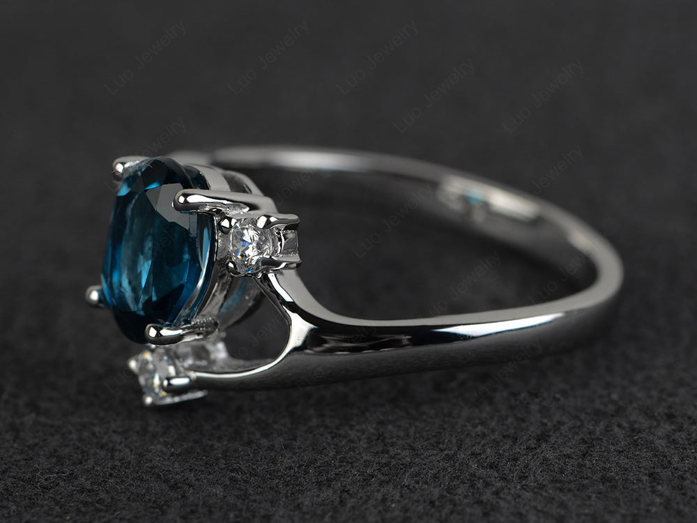 Oval Cut London Blue Topaz Asymmetric Ring White Gold - LUO Jewelry