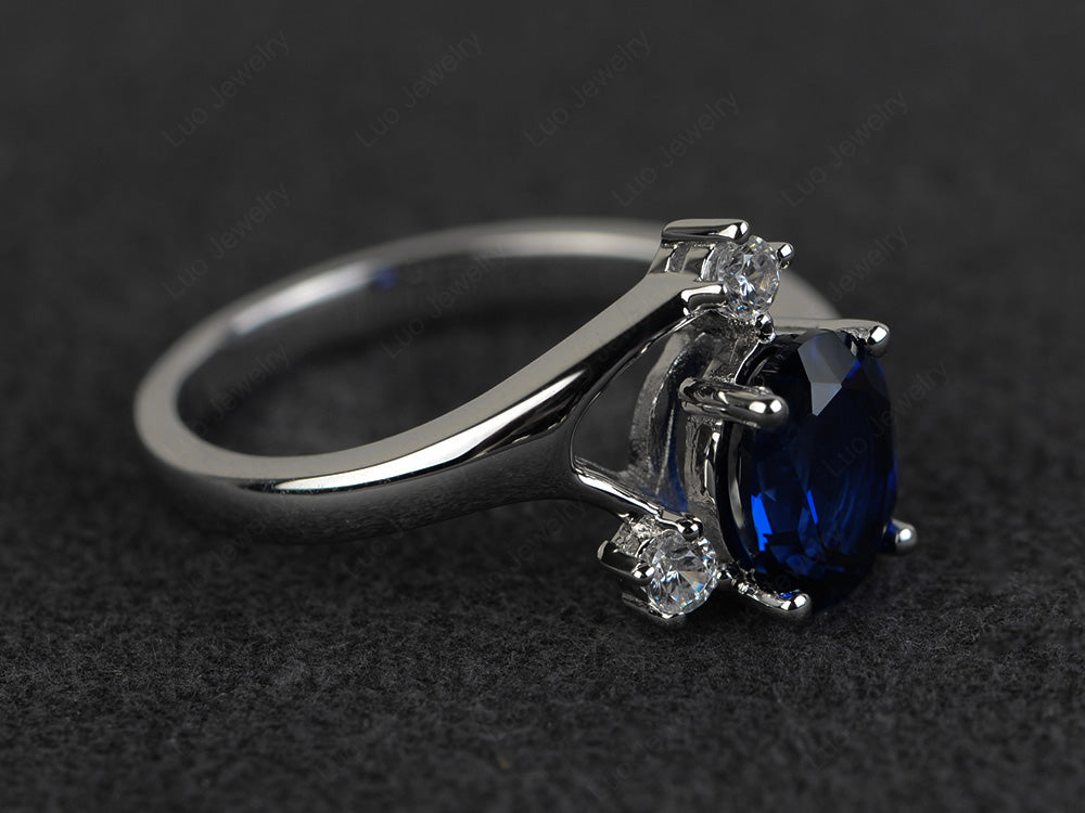 Oval Cut Lab Sapphire Asymmetric Ring White Gold - LUO Jewelry