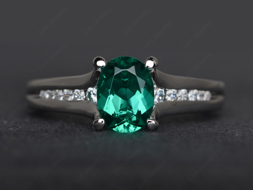 Lab Emerald Ring Oval With Channel Setting Band - LUO Jewelry