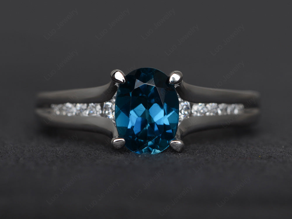 London Blue Topaz Ring Oval With Channel Setting Band - LUO Jewelry