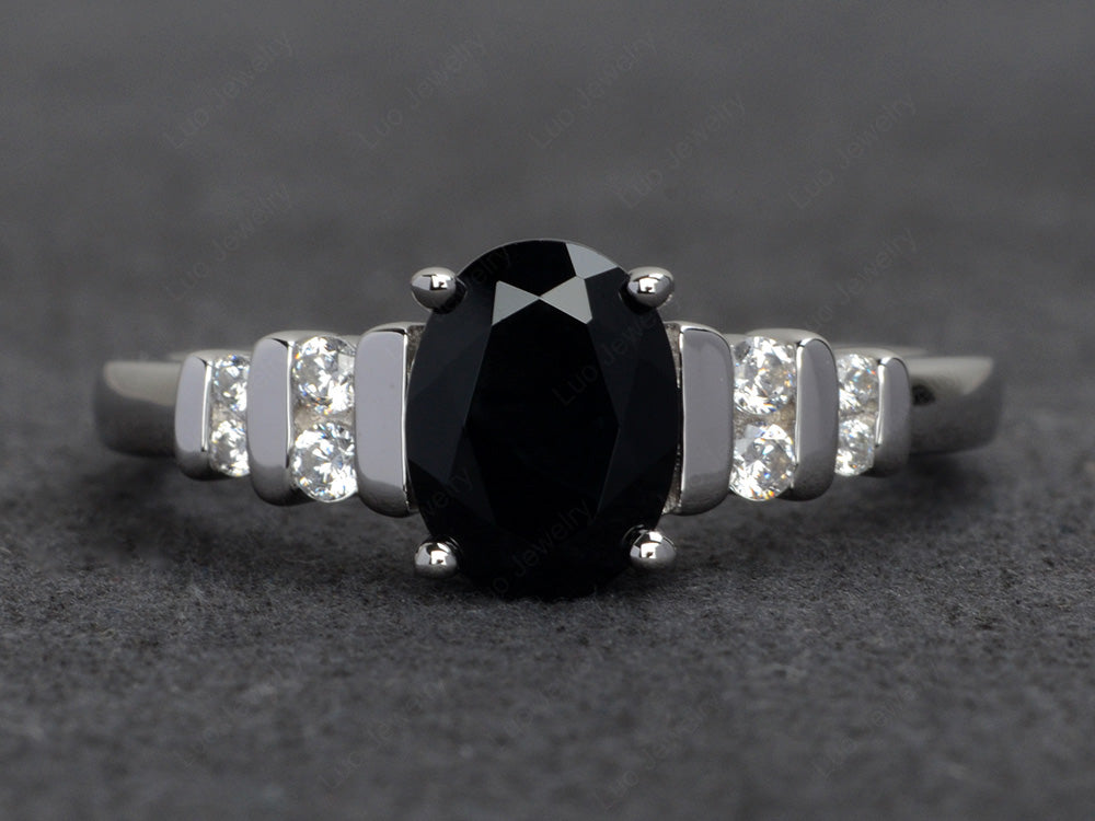 Black Stone Engagement Ring Oval Cut Ring Silver - LUO Jewelry