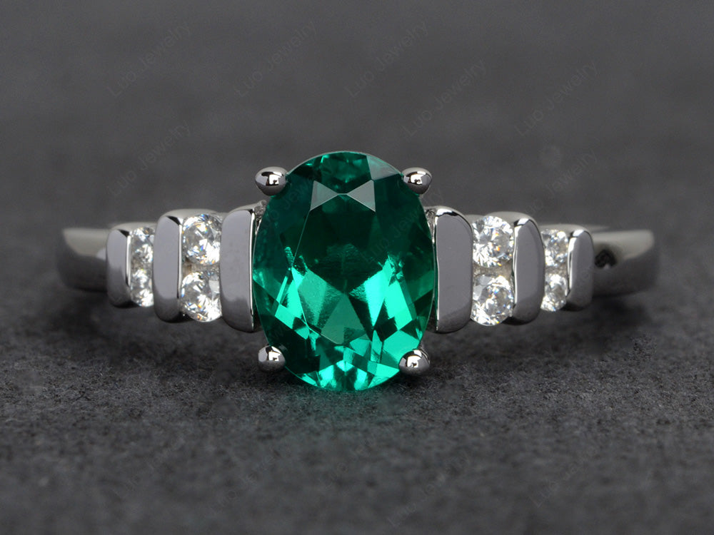 Lab Emerald Engagement Ring Oval Cut Ring Silver - LUO Jewelry