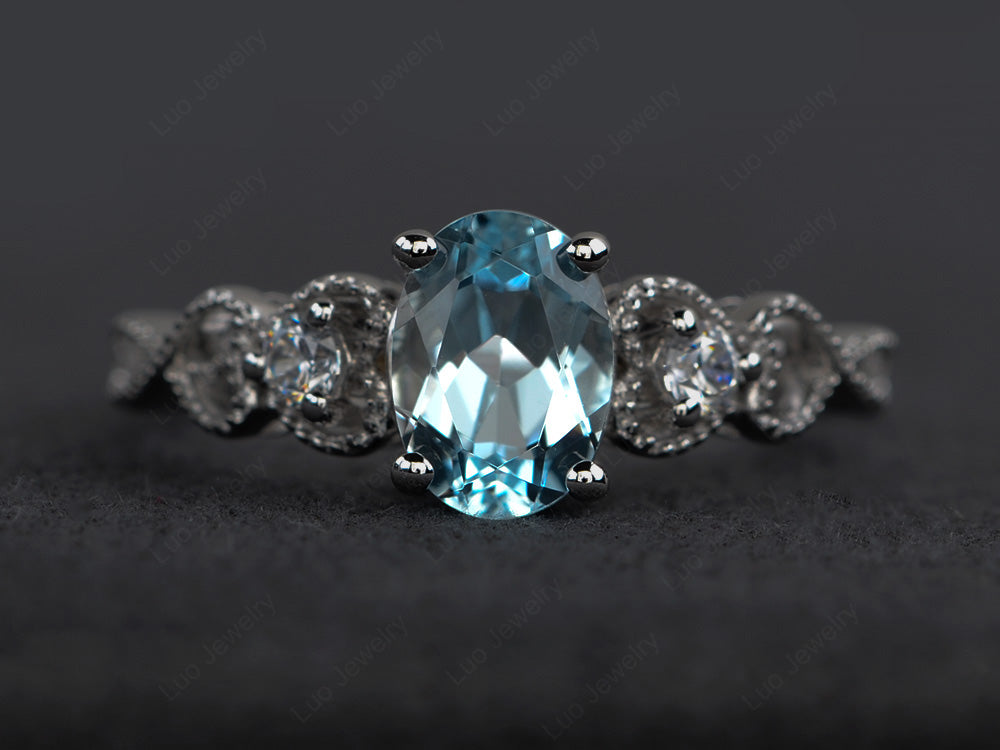 Art Deco Aquamarine Ring Oval Cut Stone Ring - LUO Jewelry