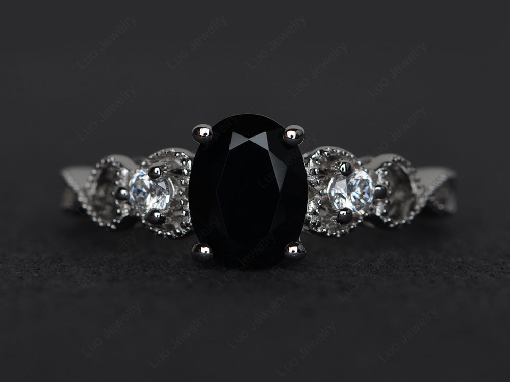 Art Deco Black Stone Ring Oval Cut Stone Ring - LUO Jewelry