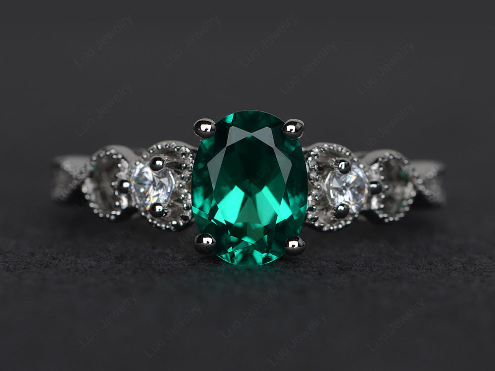 Art Deco Lab Emerald Ring Oval Cut Stone Ring - LUO Jewelry