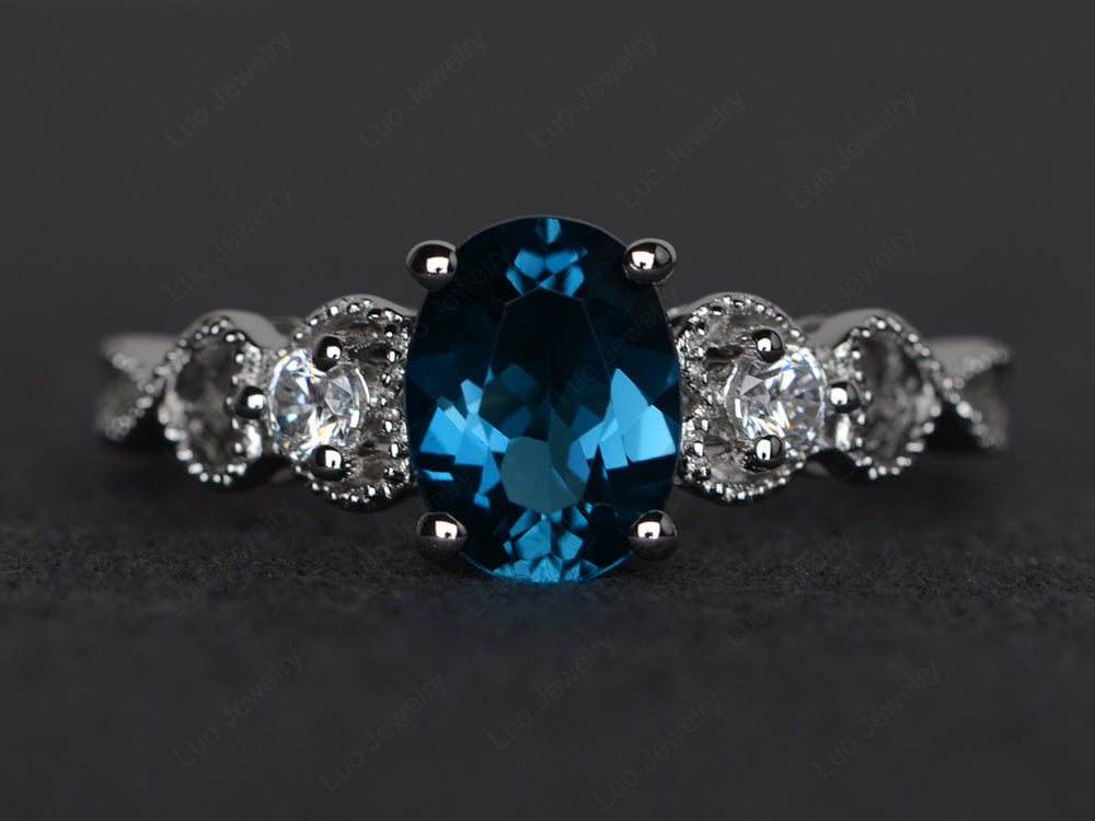 Art Deco London Blue Topaz Ring Oval Cut Stone Ring - LUO Jewelry