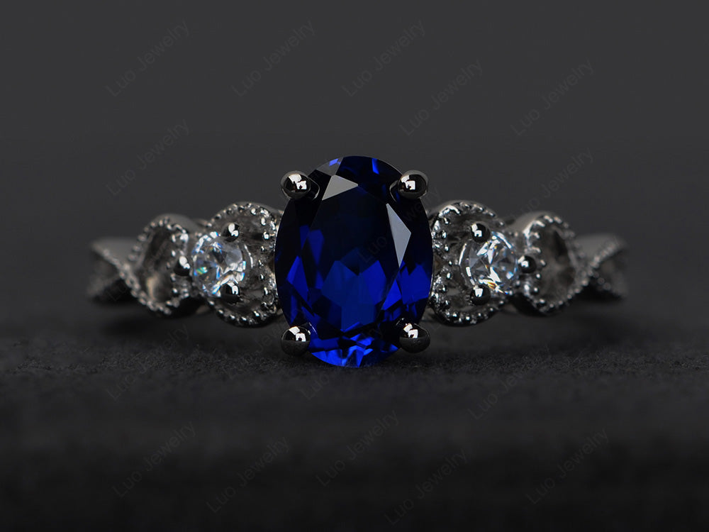 Art Deco Lab Sapphire Ring Oval Cut Stone Ring - LUO Jewelry