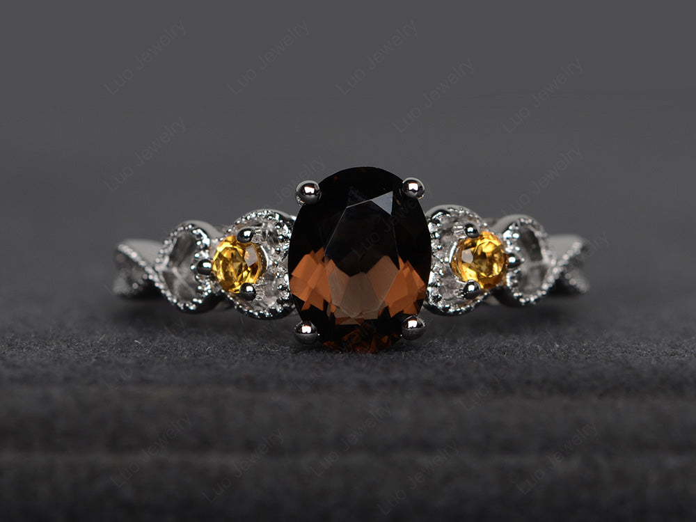 Art Deco Smoky Quartz  Ring Oval Cut Stone Ring - LUO Jewelry