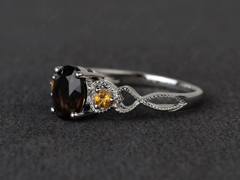 Art Deco Smoky Quartz  Ring Oval Cut Stone Ring - LUO Jewelry