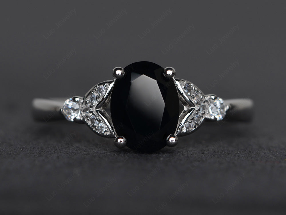 Oval Cut Black Stone Ring Sterling Silver - LUO Jewelry