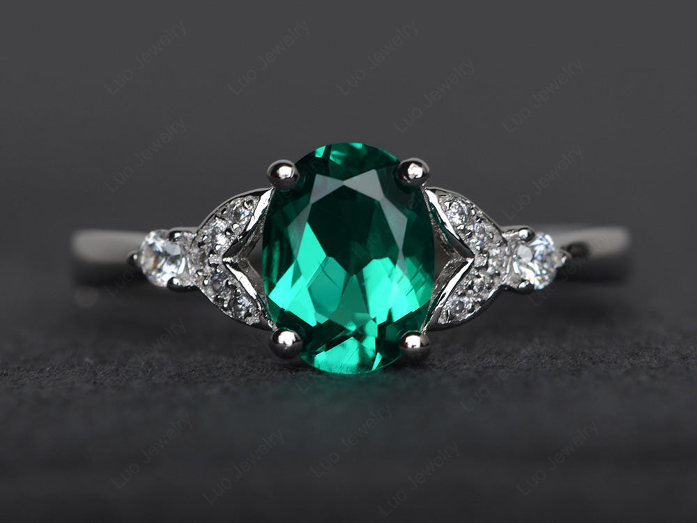 Oval Cut Lab Emerald Ring Sterling Silver - LUO Jewelry