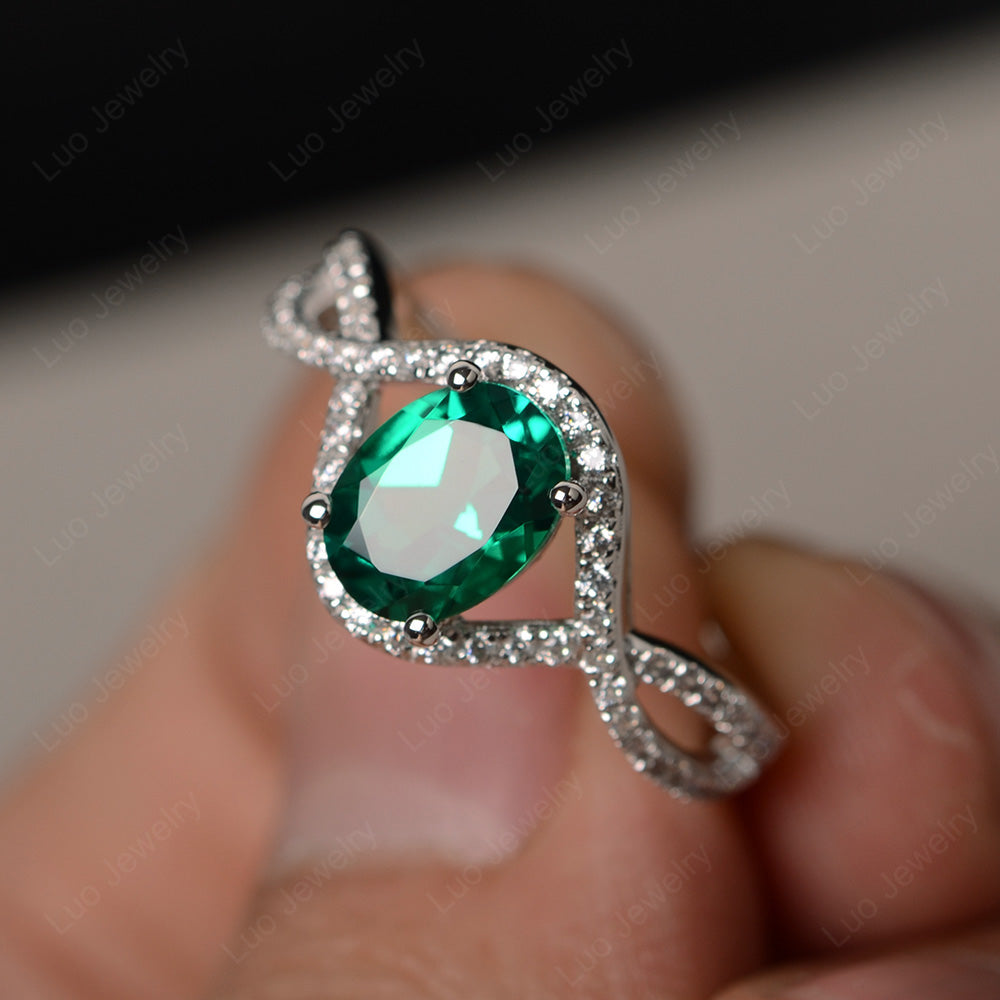 Oval Cut Lab Emerald Ring Twisted Engagement Ring - LUO Jewelry